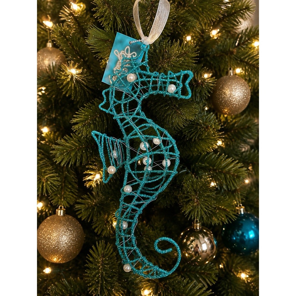 Beachcombers Glitter Seahorse Christmas Ornament Teal Pearl Coastal Nautical NWT